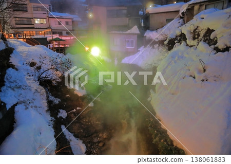 Night view of the Zao hot spring town shrouded in steam. Night view of the Zao hot spring town shrouded in steam. 138061883