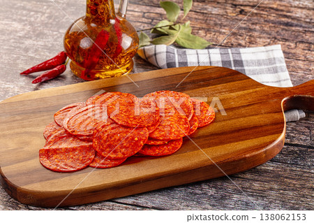 Spicy hot pepperoni sausages slices 138062153