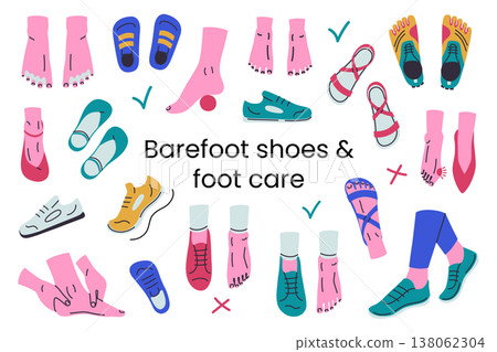 Barefoot shoes and foot care set, minimal flexible footwear, toe separators, hallux valgus, foot massage, exercises. Anatomical zero drop shoes, wide toe box and healthy feet vector illustration Barefoot shoes and foot care set, minimal flexible footwear, toe separators, hallux valgus, foot massage, exercises. Anatomical zero drop shoes, wide toe box and healthy feet vector illustration 138062304