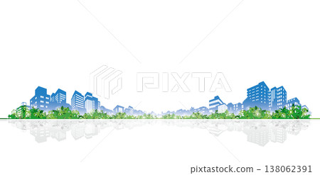 The refreshing greenery of spring and the silhouettes of modern buildings. An early summer urban landscape and an eco-friendly image. 138062391