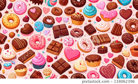 可愛的普普藝術風格糖果甜點無縫圖案背景素材 138062396