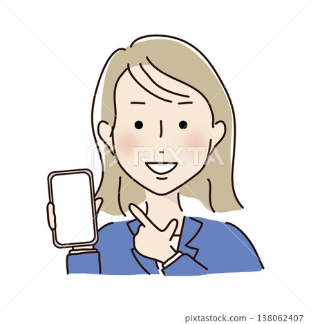 A woman in a suit pointing at her cell phone. 138062407