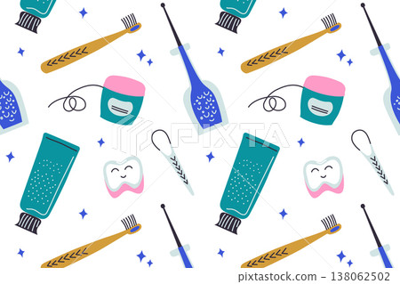 Cute oral hygiene doodle seamless pattern with toothbrush, toothpaste, water flosser, dental floss, tongue scraper and smiling tooth. Naive kids style dental care vector illustration 138062502