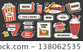 Retro cinema snack bar sticker set with popcorn, hot dog, cola, milkshake, burger, candy, fries in vintage 1950s Americana style. Classic vector illustration for film, entertainment 138062535