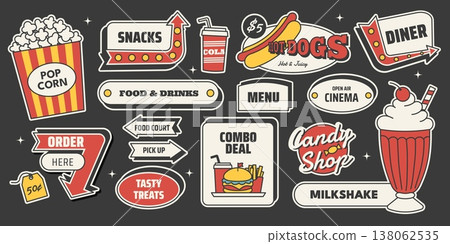 Retro cinema snack bar sticker set with popcorn, hot dog, cola, milkshake, burger, candy, fries in vintage 1950s Americana style. Classic vector illustration for film, entertainment Retro cinema snack bar sticker set with popcorn, hot dog, cola, milkshake, burger, candy, fries in vintage 1950s Americana style. Classic vector illustration for film, entertainment 138062535
