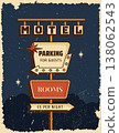 Retro roadside vertical poster classic American motel parking and rooms signboard with bold vintage typography and arrow. Vector illustration in midcentury 1950s style for print, wall art 138062543