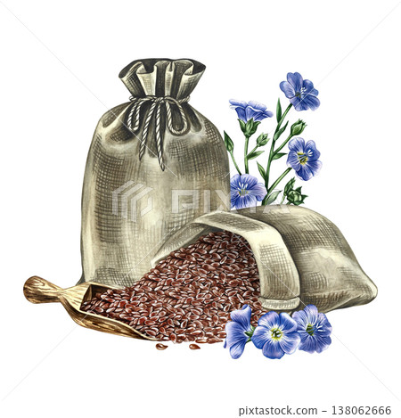 Flaxseed in a burlap bags and wooden scoop and blue flax flowers. Hand-drawn watercolor illustration. Element of design for labels and packaging, as well as banners, posters, and more. 138062666
