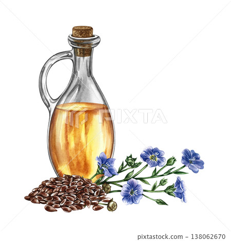 Flaxseed oil. Hand-drawn watercolor illustration. Glass bottle of oil, a handful of flax seeds, and flax flowers. Element of label and packaging design, banners, posters, and more. Flaxseed oil. Hand-drawn watercolor illustration. Glass bottle of oil, a handful of flax seeds, and flax flowers. Element of label and packaging design, banners, posters, and more. 138062670