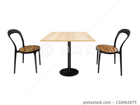 A rectangular wooden table and black chairs on a white background. A rectangular wooden table and black chairs on a white background. 138062675