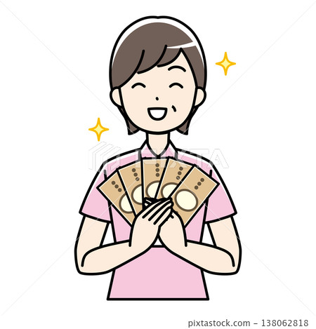 一位面帶微笑的中年婦女(身穿polo衫)手持鈔票。 一位面帶微笑的中年婦女(身穿polo衫)手持鈔票。 138062818