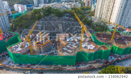 March 22 2026 Construction Site Cranes Scaffolding, Mei Tung Estate, hk 138062942