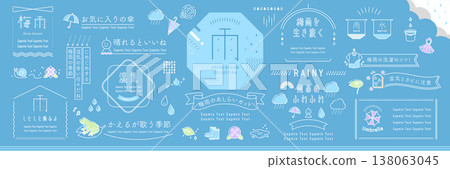 Rainy season-themed natural decorations and frame design idea set [Blue background] 138063045