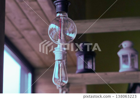 Vintage light bulbs suspended from a wire. Hanging retro incandescent lamps.  closeup of photo          138063223