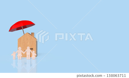 Home And Family Protection Concept With Red Umbrella 3d render. Home And Family Protection Concept With Red Umbrella 3d render. 138063711