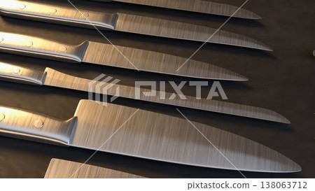 Professional Kitchen Knives Set On Dark Background 3d render. 138063712