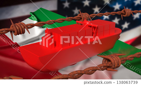 Global Trade Conflict Cargo Ship Behind Barbed Wire 3d render. Global Trade Conflict Cargo Ship Behind Barbed Wire 3d render. 138063739