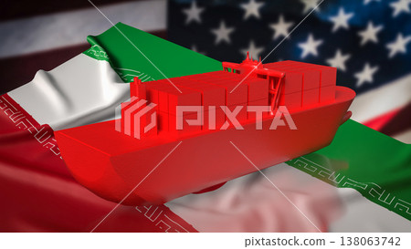 Red Cargo Container Ship Over Iran And United States Flags Trade Concept 3d render. Red Cargo Container Ship Over Iran And United States Flags Trade Concept 3d render. 138063742
