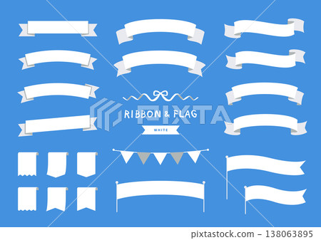 White ribbon and flag decoration set. Simple event banner material. 138063895