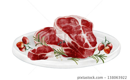 Fresh meat on a white plate watercolor watercolor illustration. Food clip art. Hand-drawn organic cow meat on a white plate on a white background. Perfect for cookbook design, restaurant menus, and 138063922