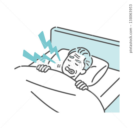 插圖描繪了一位老年男子睡在床上，磨牙（咬緊牙關）（睡眠障礙，牙齒磨損）。 138063953