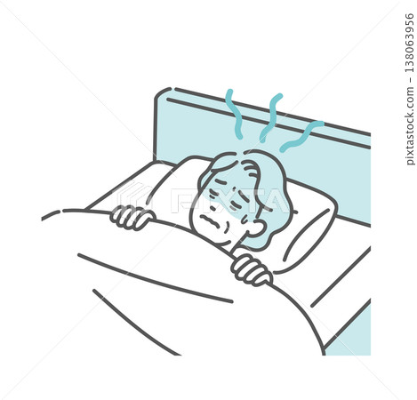 An illustration of a senior woman who is feeling unwell and experiencing night sweats, making it difficult to sleep (fever, indoor heatstroke). 138063956