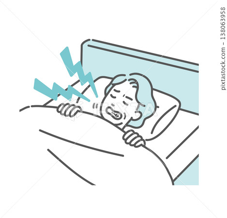 一幅插圖描繪了一位老年婦女睡在床上,磨牙(咬緊牙關)(睡眠障礙/牙齒問題)。 一幅插圖描繪了一位老年婦女睡在床上,磨牙(咬緊牙關)(睡眠障礙/牙齒問題)。 138063958