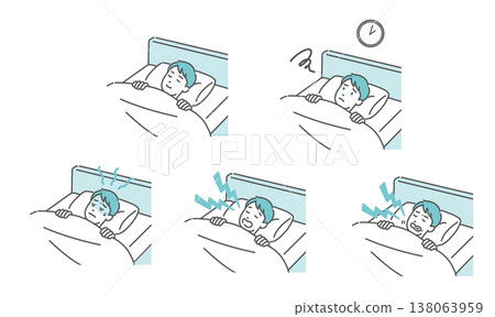 一組與年輕男性睡眠相關的插圖（安穩睡眠、失眠、打鼾、磨牙等） 138063959