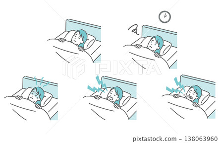 一組與年輕女性睡眠相關的插圖(睡眠品質好、失眠、打鼾、磨牙等) 一組與年輕女性睡眠相關的插圖(睡眠品質好、失眠、打鼾、磨牙等) 138063960