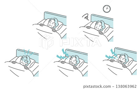 一組與老年女性睡眠相關的插圖(睡眠品質好、失眠、打鼾、磨牙等) 一組與老年女性睡眠相關的插圖(睡眠品質好、失眠、打鼾、磨牙等) 138063962