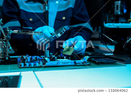 Macro photo of a finger touching a laptop chip close up 138064062