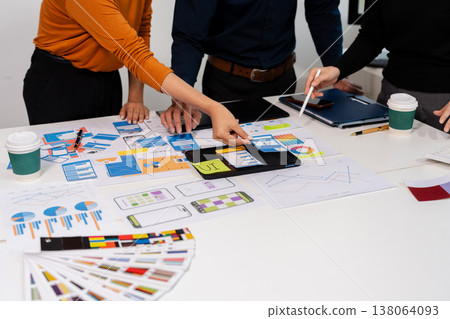 UX developer and ui designer brainstorming about mobile app interface wireframe design with customer breif and color code, User experience concept. 138064093