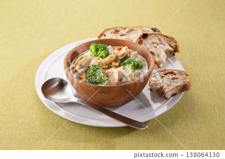 Clam chowder with lots of ingredients 138064130