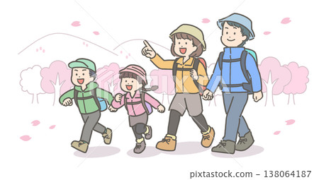 An illustration of a young family hiking amidst blooming cherry blossoms. An illustration of a young family hiking amidst blooming cherry blossoms. 138064187