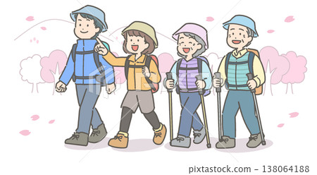 一幅描繪一家人在盛開的櫻花樹下徒步旅行的插圖。 138064188