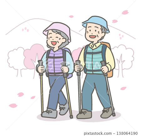 An illustration of a senior couple hiking amidst blooming cherry blossoms. 138064190
