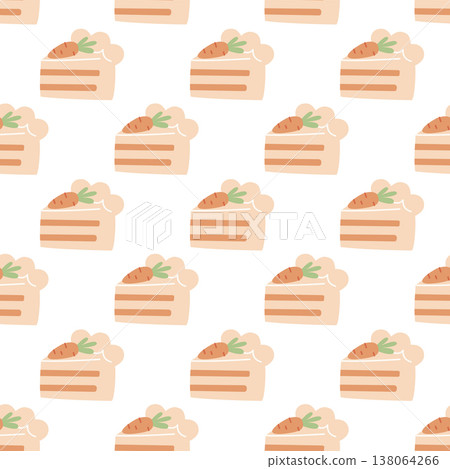 Seamless carrot cake pattern in cute flat style with soft colors. Perfect for textile, wrapping paper, and bakery design. Sweet modern dessert background. 138064266