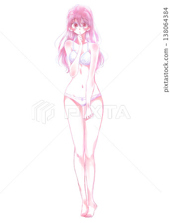 A woman in her underwear looking embarrassed A woman in her underwear looking embarrassed 138064384