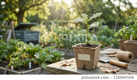 Young oak tree sapling in paper pot on wooden table. Gardening concept. Small sprout for spring planting in garden. 138064508