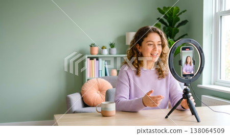 Young woman blogger recording video on smartphone with ring light. Content creator streaming live broadcast at home. Young woman blogger recording video on smartphone with ring light. Content creator streaming live broadcast at home. 138064509