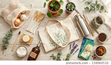 Zero waste lifestyle kit with reusable items on wooden table. Eco friendly shopping bag, bamboo cutlery, metal bottle and natural soap. Sustainable household object for green living. 138064510