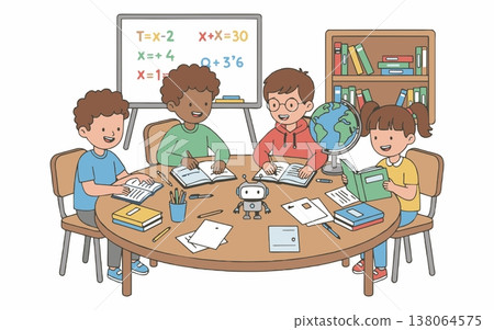 Cartoon Illustration of Happy Children Studying Together Around a Table 138064575