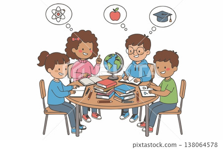 Cartoon Illustration of Happy Children Studying Together Around a Table Cartoon Illustration of Happy Children Studying Together Around a Table 138064578