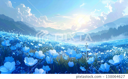 盛開的粉蝶花在晨光中閃閃發光 138064627