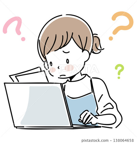 一幅插圖，描繪了一位表情憂慮的女子一邊看著文件一邊在電腦上打字。 138064658