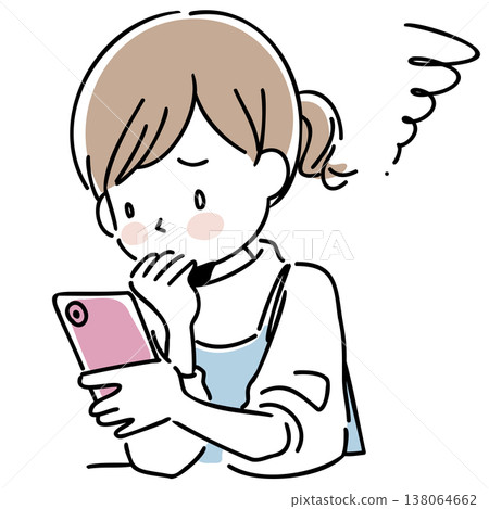 An illustration of a woman with a troubled expression while looking at her smartphone. 138064662