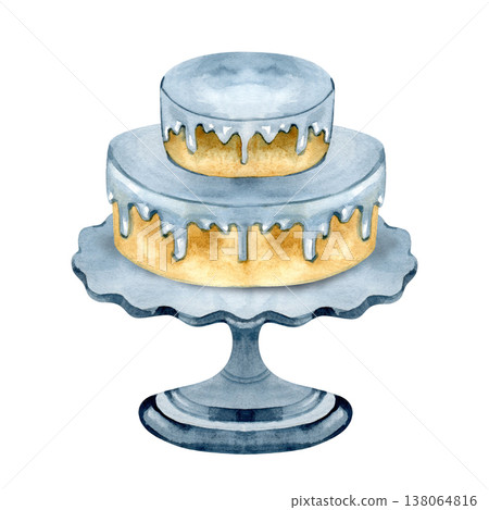 Hand drawn watercolor illustration of a two-tiered sponge cake with blue icing dripping down the sides. Displayed on a matching vintage cake stand, it represents a celebration or wedding theme. Hand drawn watercolor illustration of a two-tiered sponge cake with blue icing dripping down the sides. Displayed on a matching vintage cake stand, it represents a celebration or wedding theme. 138064816