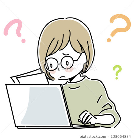 一幅插圖，描繪了一位表情憂慮的女子一邊看著文件一邊在電腦上打字。 138064884