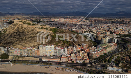 Aerial view of Alicante city with Santa Barbara castle and Mediterranean coastline in Spain 138065551