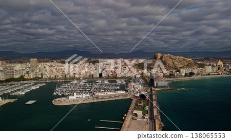 Aerial view of Alicante marina with yachts, Santa Barbara castle and Mediterranean coastline in Spain Aerial view of Alicante marina with yachts, Santa Barbara castle and Mediterranean coastline in Spain 138065553