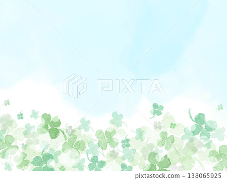 A watercolor frame featuring clover and a blue sky. 138065925
